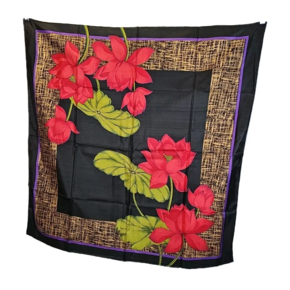 VTG Handmade Thailand Silk Scarf Black Red Lotus Artsy Boho Cottage Granny 34